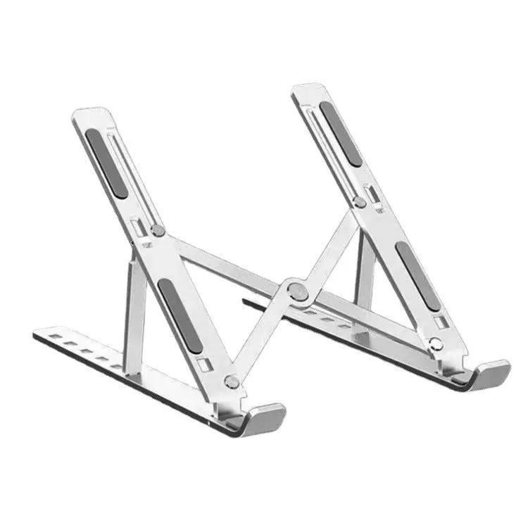 Silver aluminium folding laptop stand holding a notebook computer at an angle.