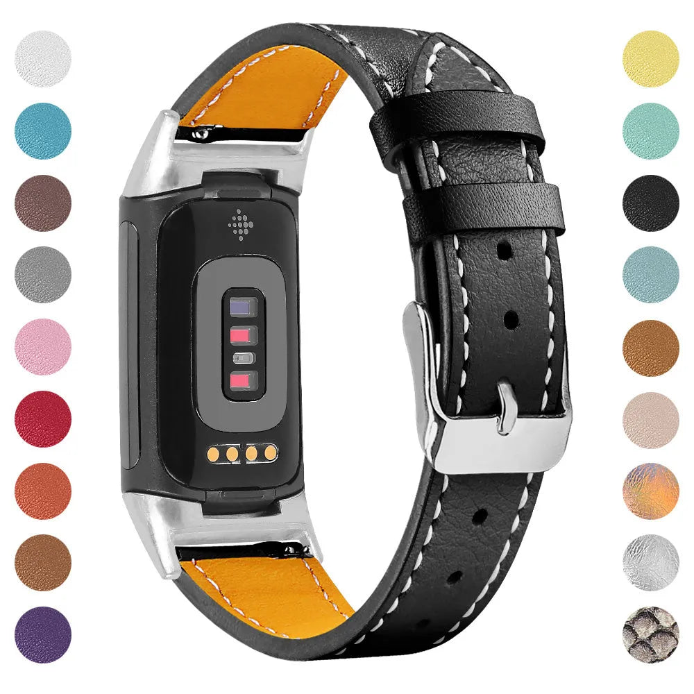 Genuine leather watch strap for Fitbit Charge 5 and Charge 6 smartwatches in multiple colour options.
