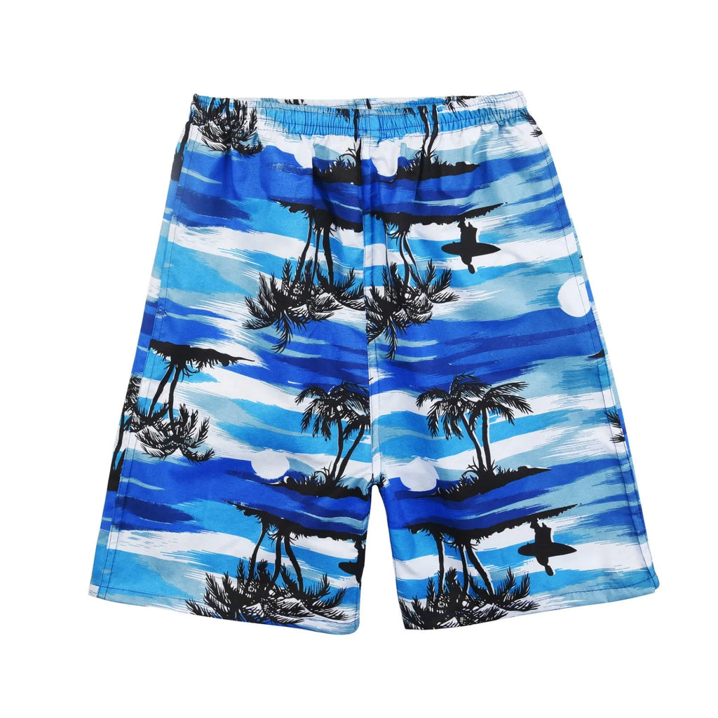 Men's floral print five-point swimming trunks in polyester fabric shown in one of twenty-four colour options