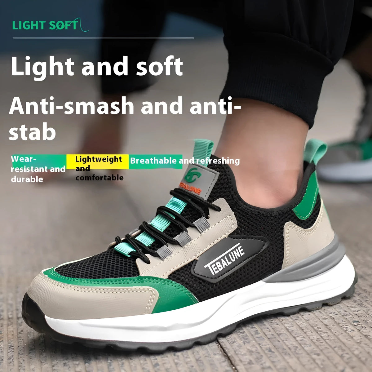 Black green plastic steel toe anti-smash work shoe with mesh upper on a TPU sole