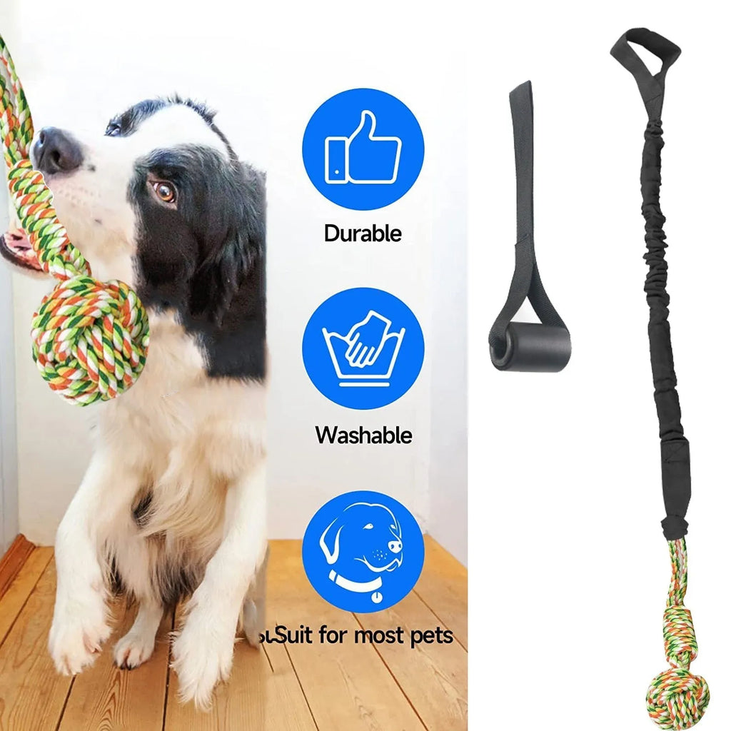 Cotton thread dog tug of war rope toy in black, grey, or red colours for interactive play and dental grinding