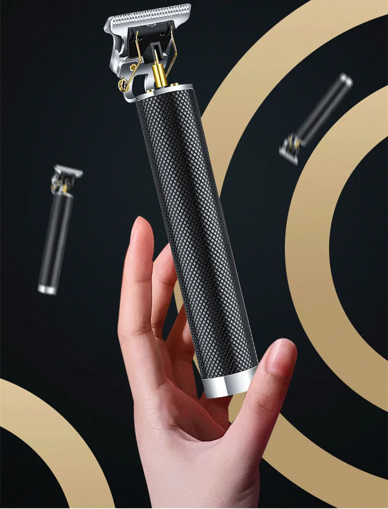 Black rechargeable electric hair clipper with gold steel blade and four guide combs