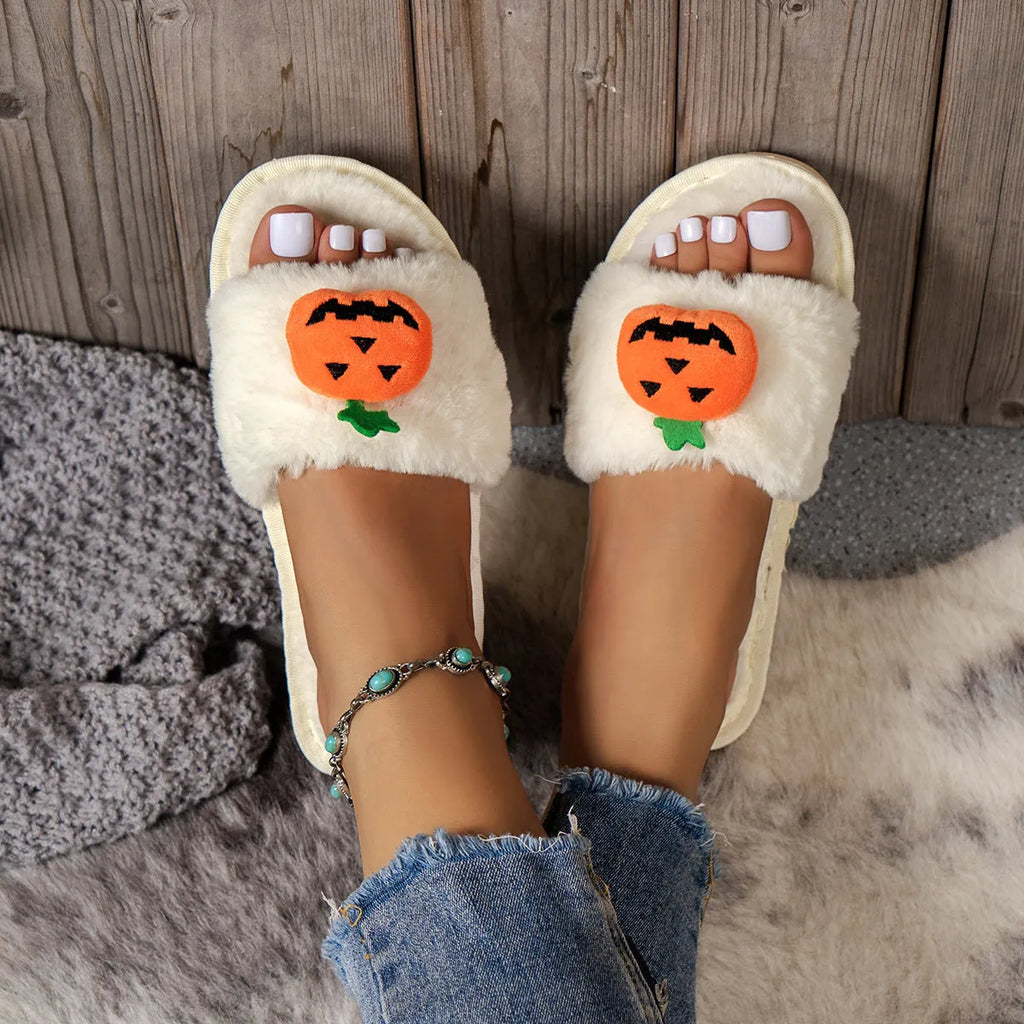 Halloween pumpkin cartoon plush open toe slippers in white and yellow colours with synthetic fur upper