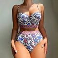 Blue women's high waist push-up bikini swimsuit with sleeveless design for swimming activities