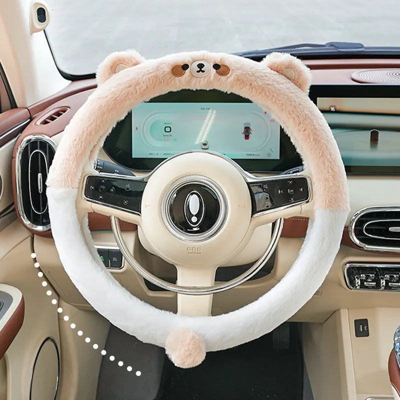 Plush rabbit fur steering wheel cover with cartoon embroidery in 38cm diameter for winter use