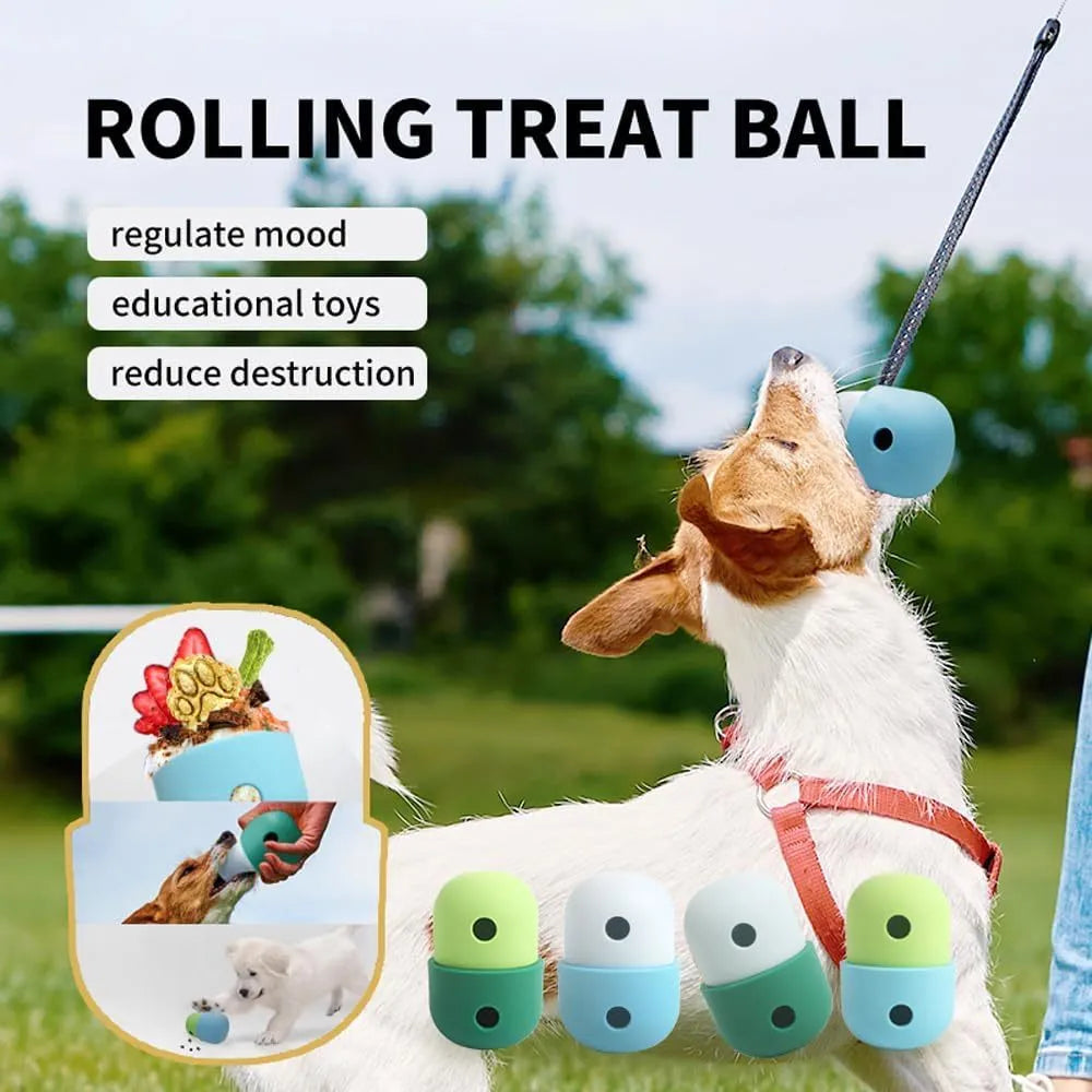 Food-grade silicone dog treat puzzle ball in blue and white, measuring 8x11cm for small medium dogs.