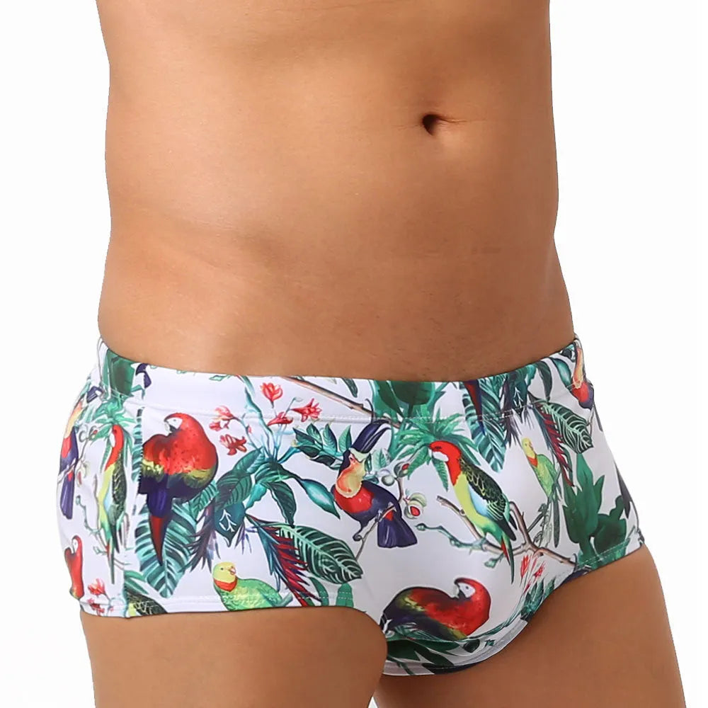 Men's flower-bird print swimming trunks in small boxer style with nylon fabric
