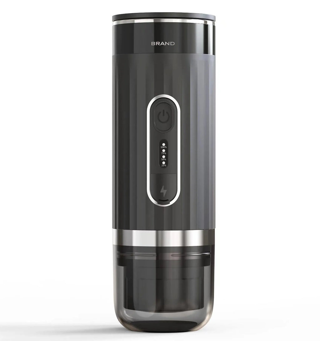 Black portable coffee machine with K-cup capsule compatibility for vehicle and travel use