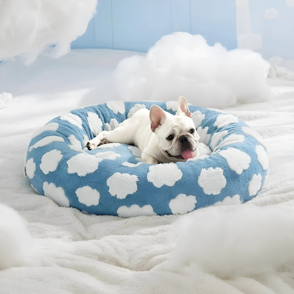 Round plastic dog bed with plaid pattern cover in sea blue white colour combination