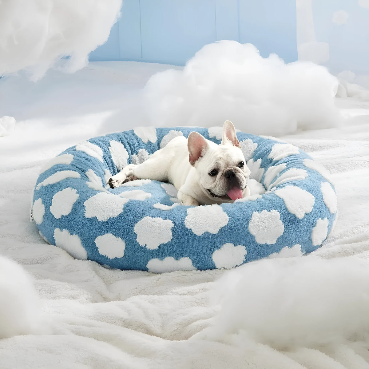 Round plastic dog bed with plaid pattern cover in sea blue white colour combination