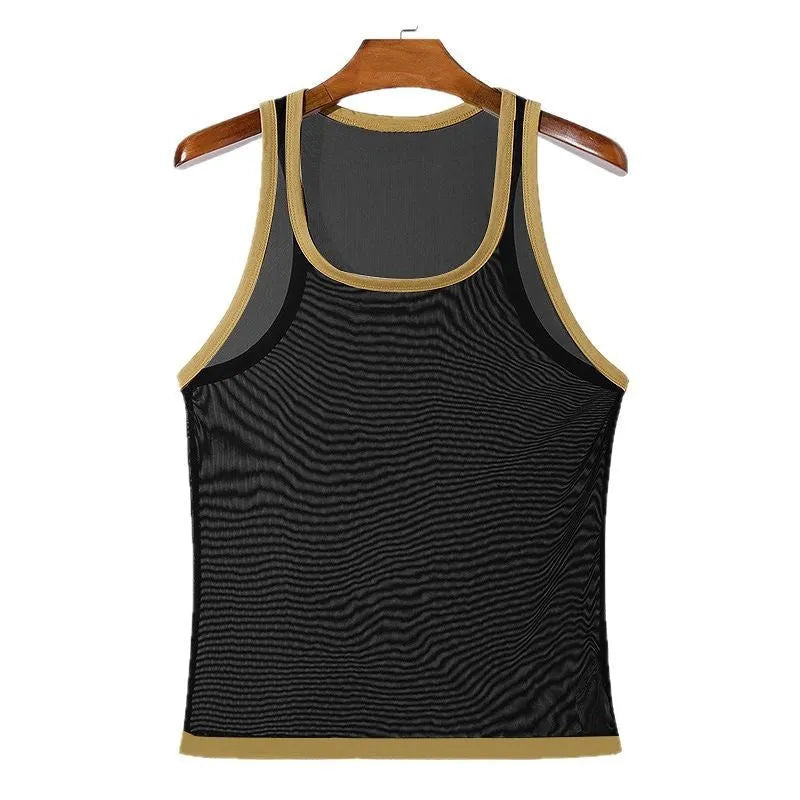 Men's white mesh fitness vest with straight hem and no-pocket design for athletic wear