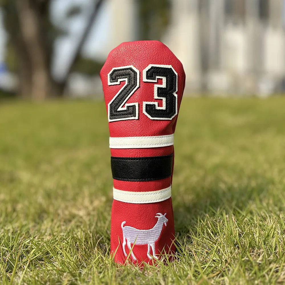 Set of PU golf club head covers in red, black, white, and yellow colours.
