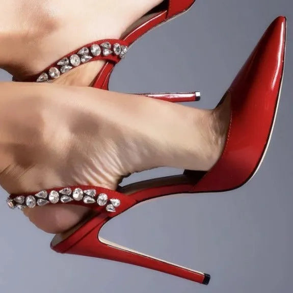 Women's black patent leather pointed-toe high heel sandals with side rhinestone detailing on an 11cm heel.