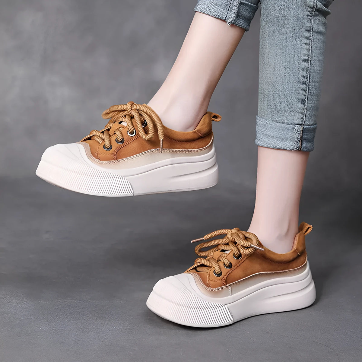 Women's yellow and cameo brown full grain cow leather lace-up casual shoes with round toe and rubber sole.