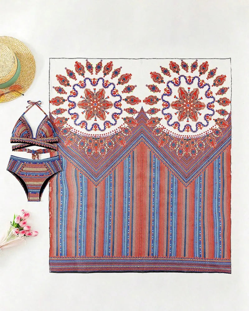 Women's three-piece swimsuit set showing high-waist briefs, cutout blouse, and matching coat