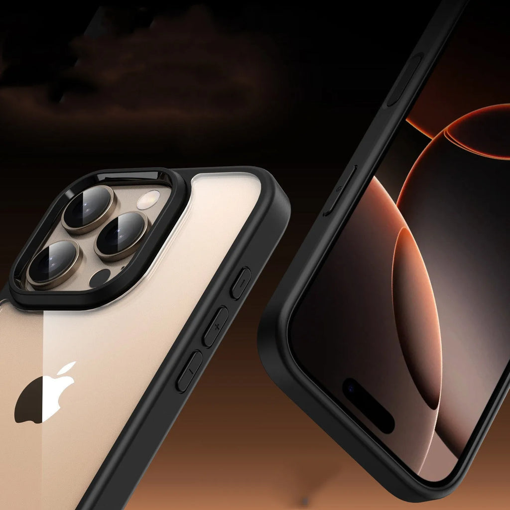 Black transparent magnetic phone case with airbag protection for iPhone 16 models on a white background.