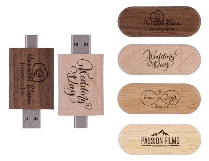 Maple wood USB flash drive with Type-C adapter for mobile phones on wooden surface.