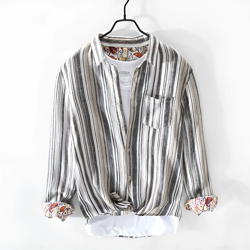Men's striped linen shirt in red or grey colours with long sleeves and loose fit