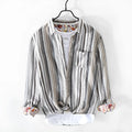 Men's striped linen shirt in red or grey colours with long sleeves and loose fit