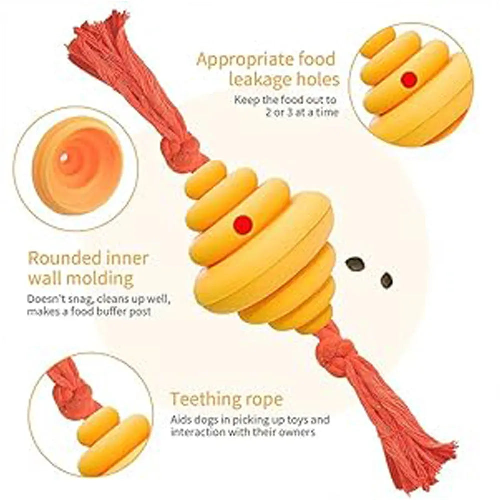 Green and yellow split spiral dog ball with rope attachment for interactive play and treat dispensing
