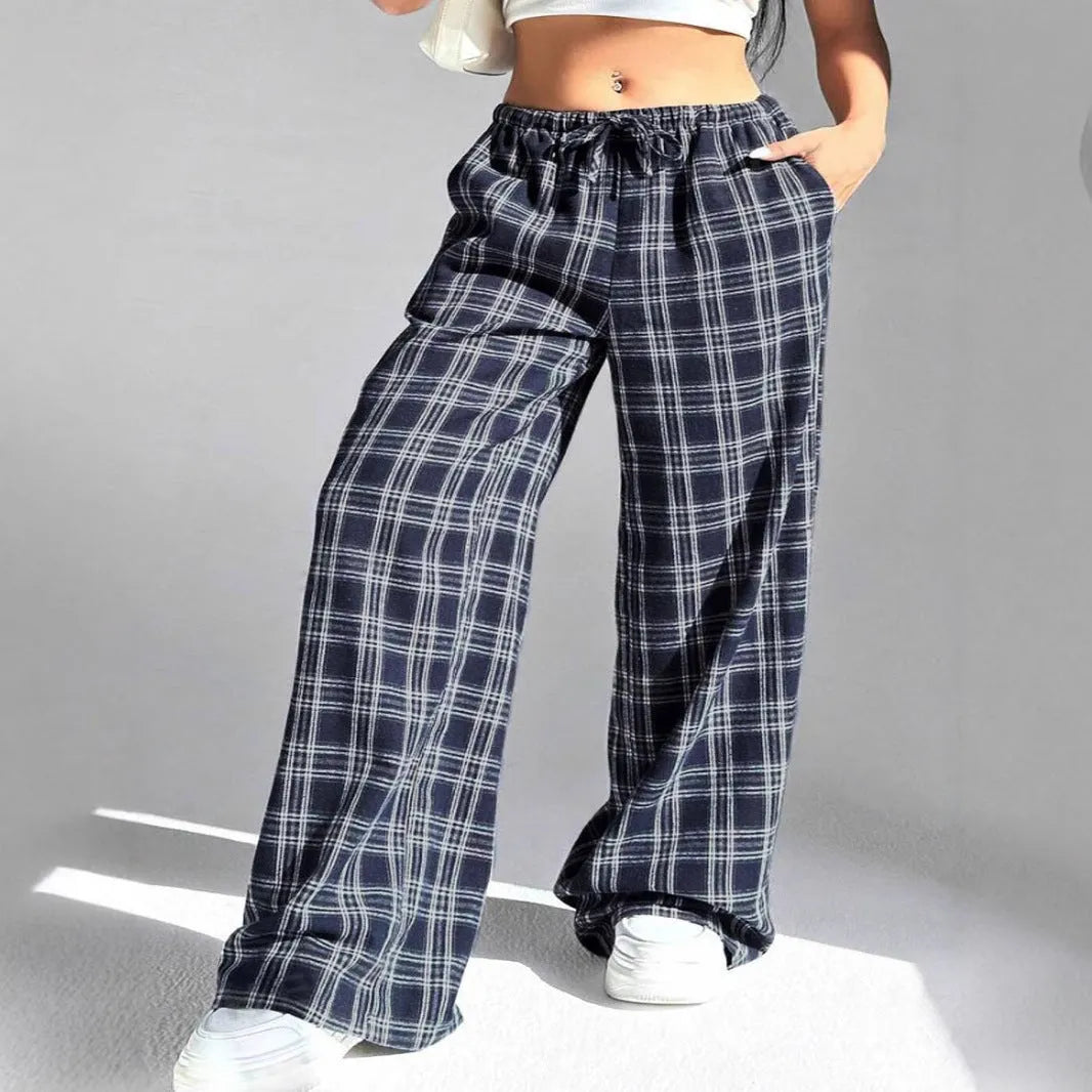 Women's casual plaid trousers with drawstring waist and side pockets in polyester fabric