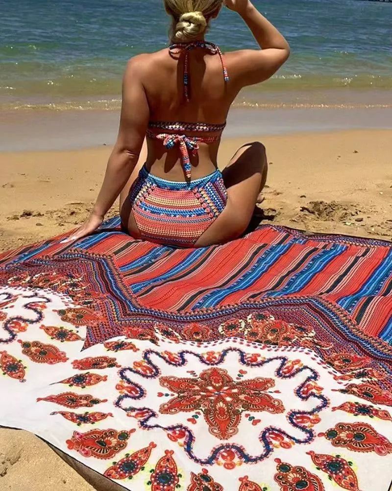 Women's three-piece swimsuit set showing high-waist briefs, cutout blouse, and matching coat
