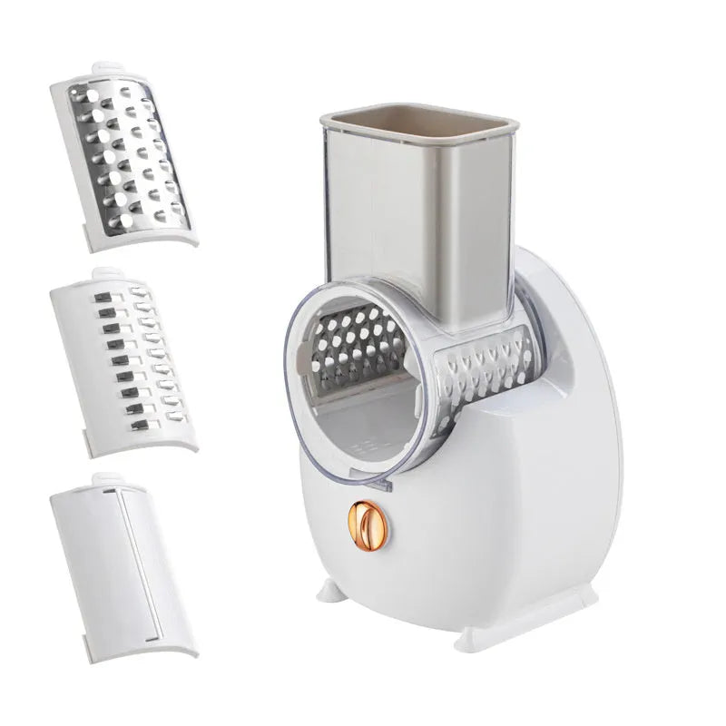 White electric vegetable slicer with rotary grater, suction base, and multiple blades for potato and carrot cutting