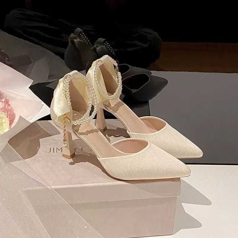 Apricot bow high heels with 6cm wine glass heel, PU upper and sole, middle mouth cut, sizes 34-40