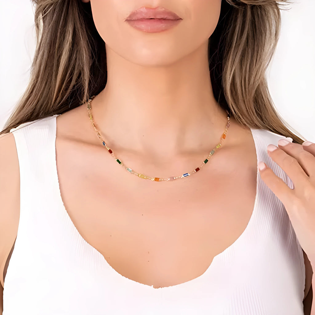 Ladies geometric crystal necklace with alloy chain and coloured glass pendant