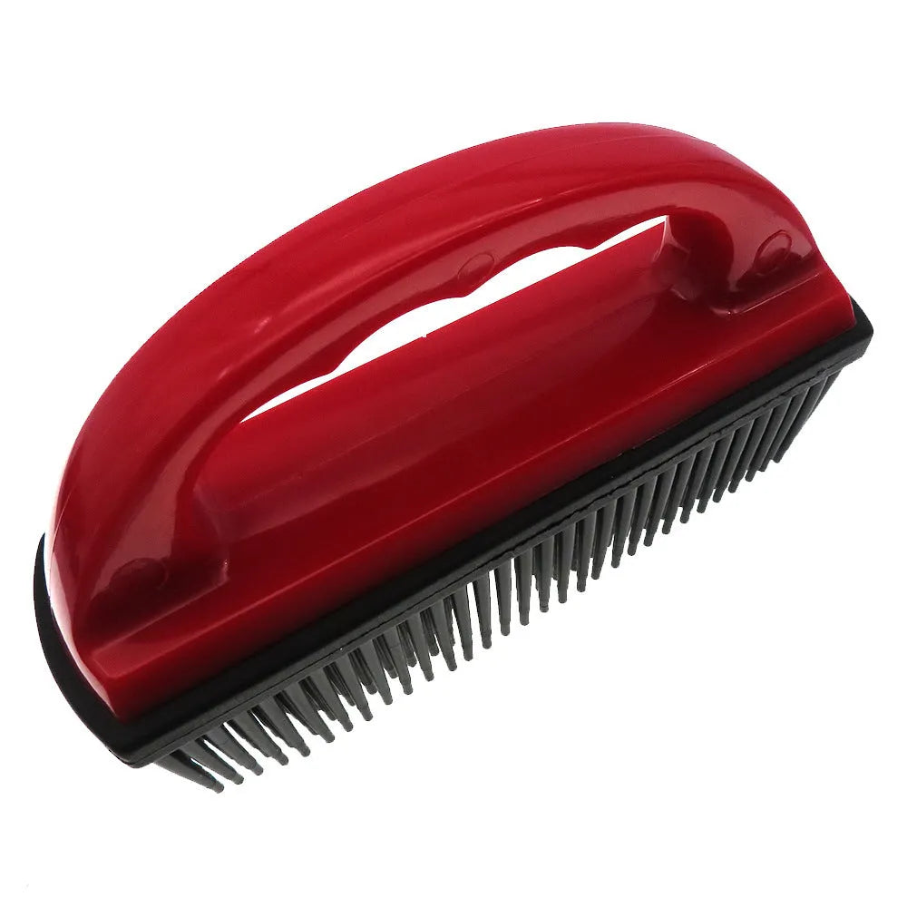 Red silicone pet grooming brush measuring 160x85mm for bath massage and household hair removal