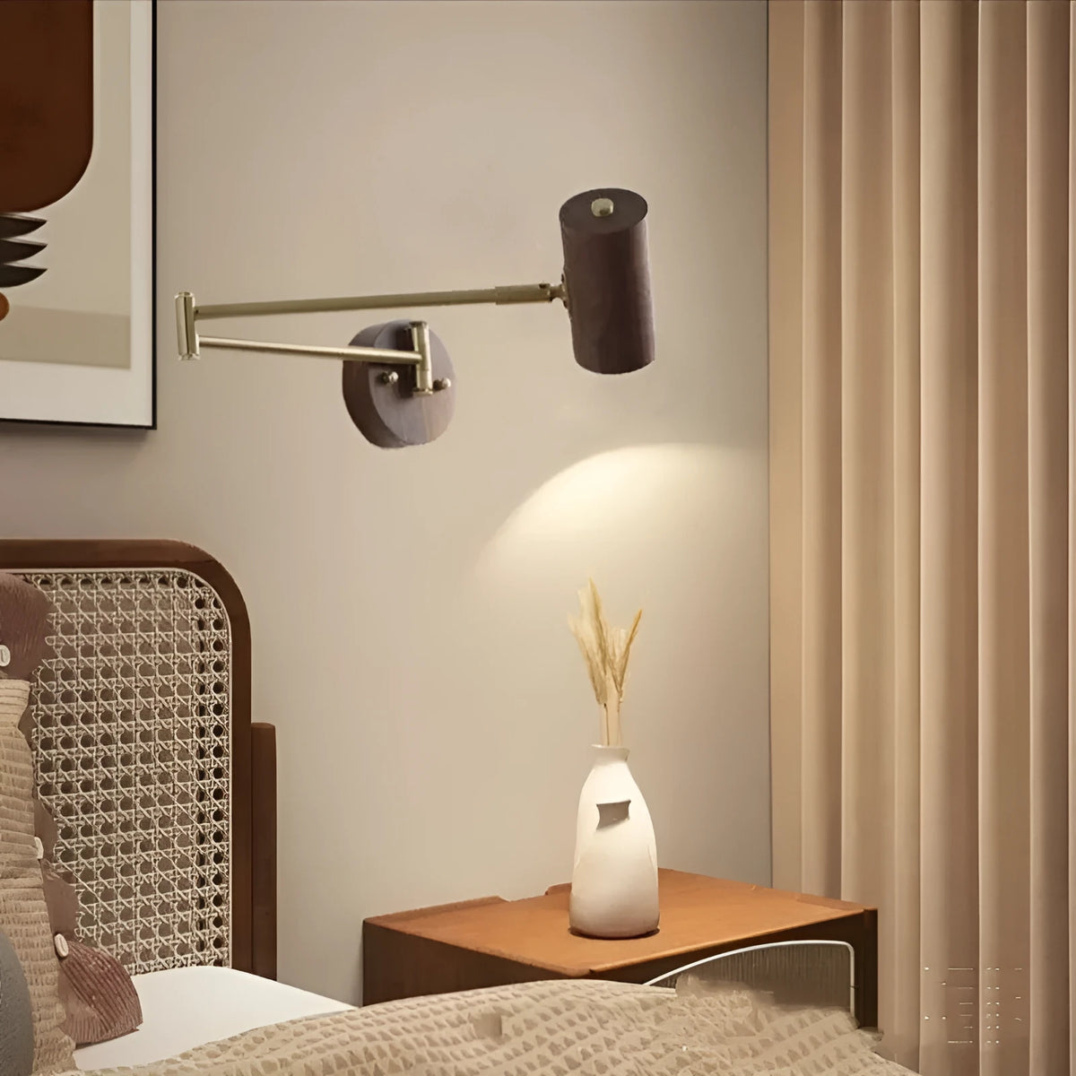Retro wood finish wall lamp with rotating long-arm spotlight and pull switch