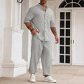 Men's casual short-sleeved shirt and trousers set in cotton linen blend fabric