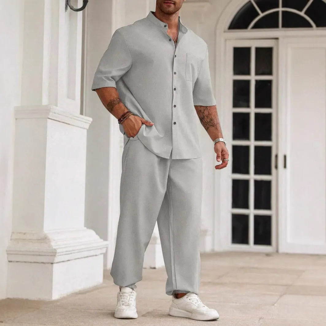 Men's casual short-sleeved shirt and trousers set in cotton linen blend fabric