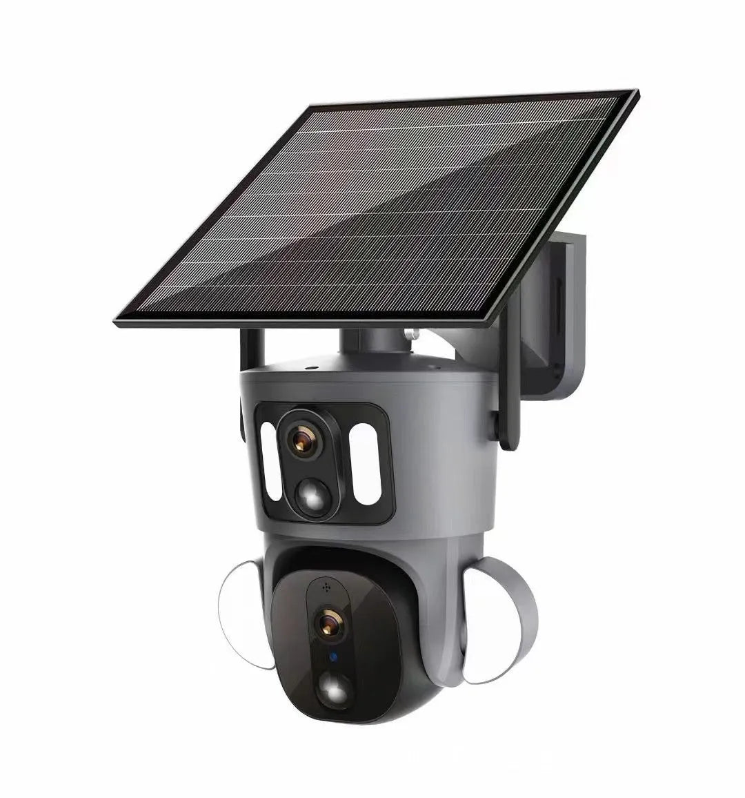 Solar-powered binocular surveillance camera for outdoor security monitoring