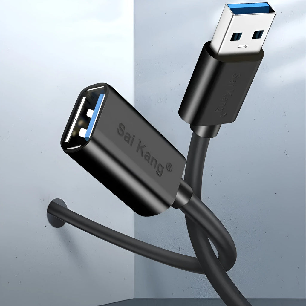 Black USB extension cable with male and female connectors, showing different length options available.