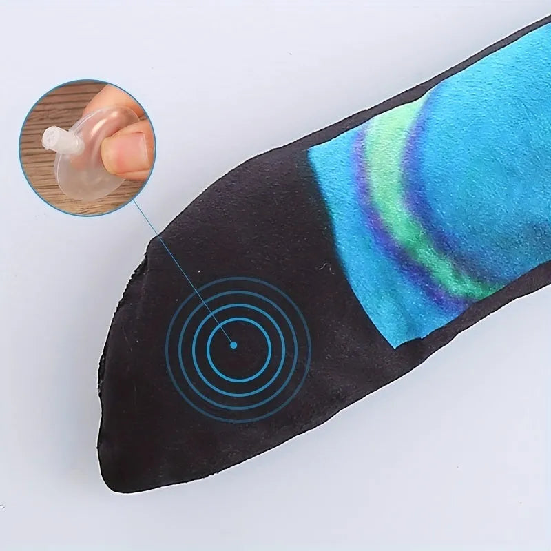 Snake shape plush dog squeaky toy with multicolour stripe print in blue, green and rainbow options