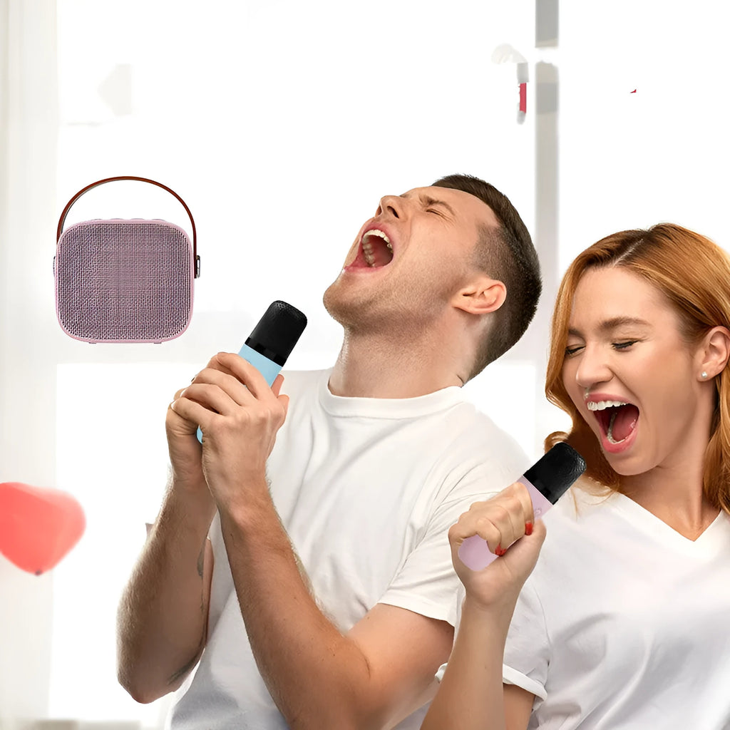 Compact white, pink, or blue portable Bluetooth speaker with microphone for hands-free calls.