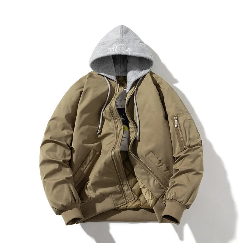 Men's loose-fitting solid-colour pilot jacket for plus-size wear, shown in a casual setting.