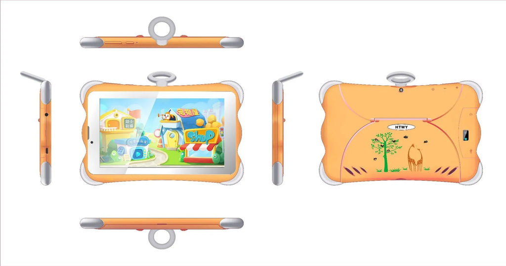 7-inch children's learning tablet with colourful cartoon design, showing screen interface and built-in stand