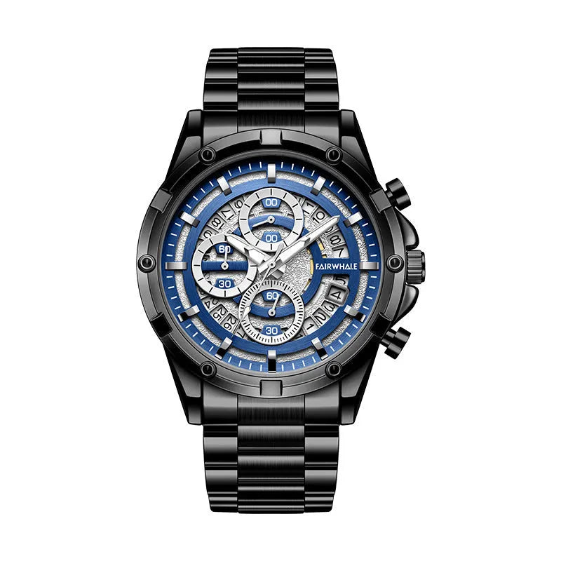 Men's waterproof luminous casual quartz watch on a steel belt strap, showing black blue and silver white colour options.