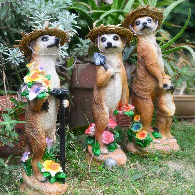 Straw hat mongoose garden ornament in plastic resin with three colour options for bonsai decoration
