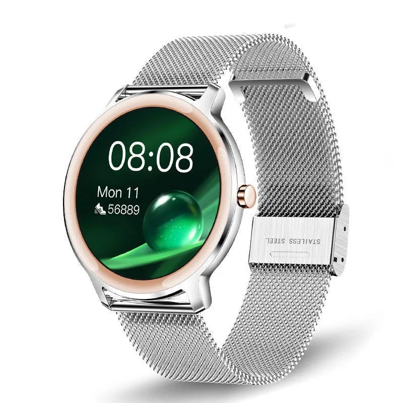 Women's stainless steel smart watch with 1.3-inch touch screen displayed in rose and silver colour variations