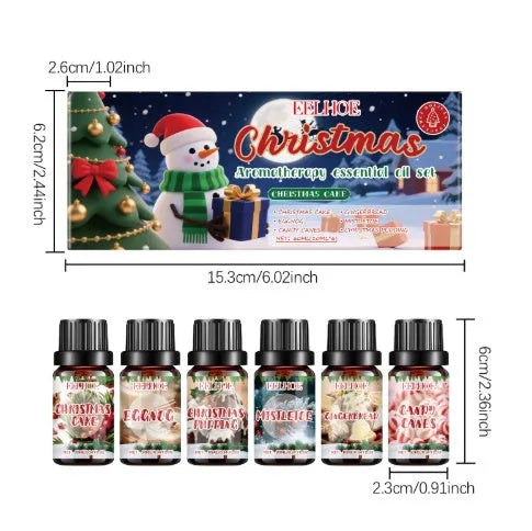 Christmas aromatherapy oil set showing six 60ml bottles with reed diffusers for festive home scent