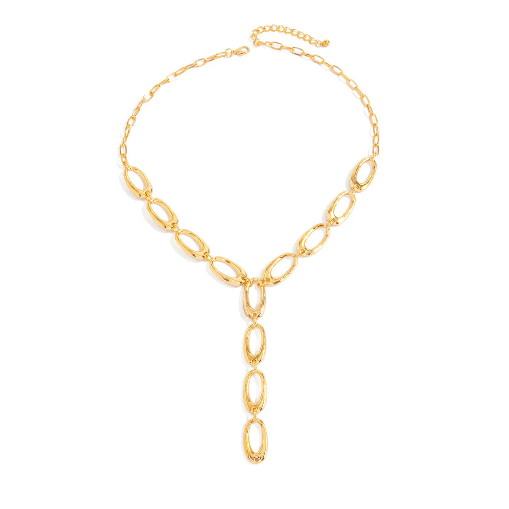 Y-shaped cross chain necklace in alloy with geometric oval pendant, Gold or White K finish, 51-60cm perimeter.