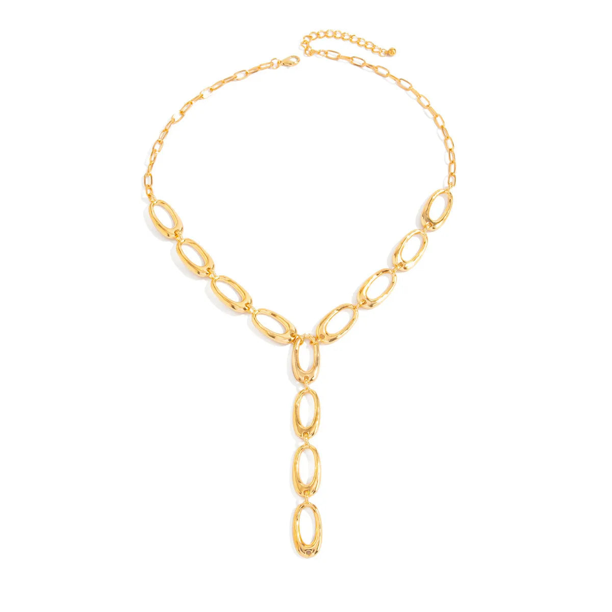 Y-shaped cross chain necklace in alloy with geometric oval pendant, Gold or White K finish, 51-60cm perimeter.
