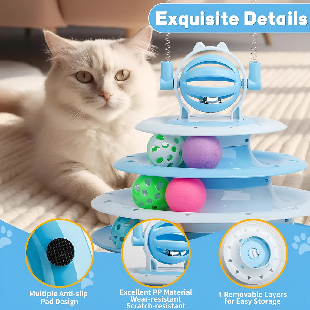 Blue 4-tier cat puzzle toy with balls and teasing rods on non-slip base