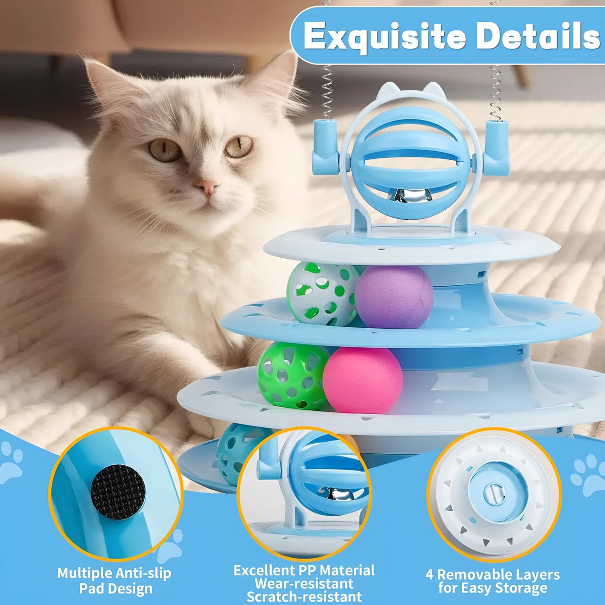 Blue 4-tier cat puzzle toy with balls and teasing rods on non-slip base