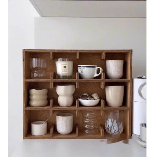 Square solid wood storage rack with multiple grid compartments in birch wood meridian colour