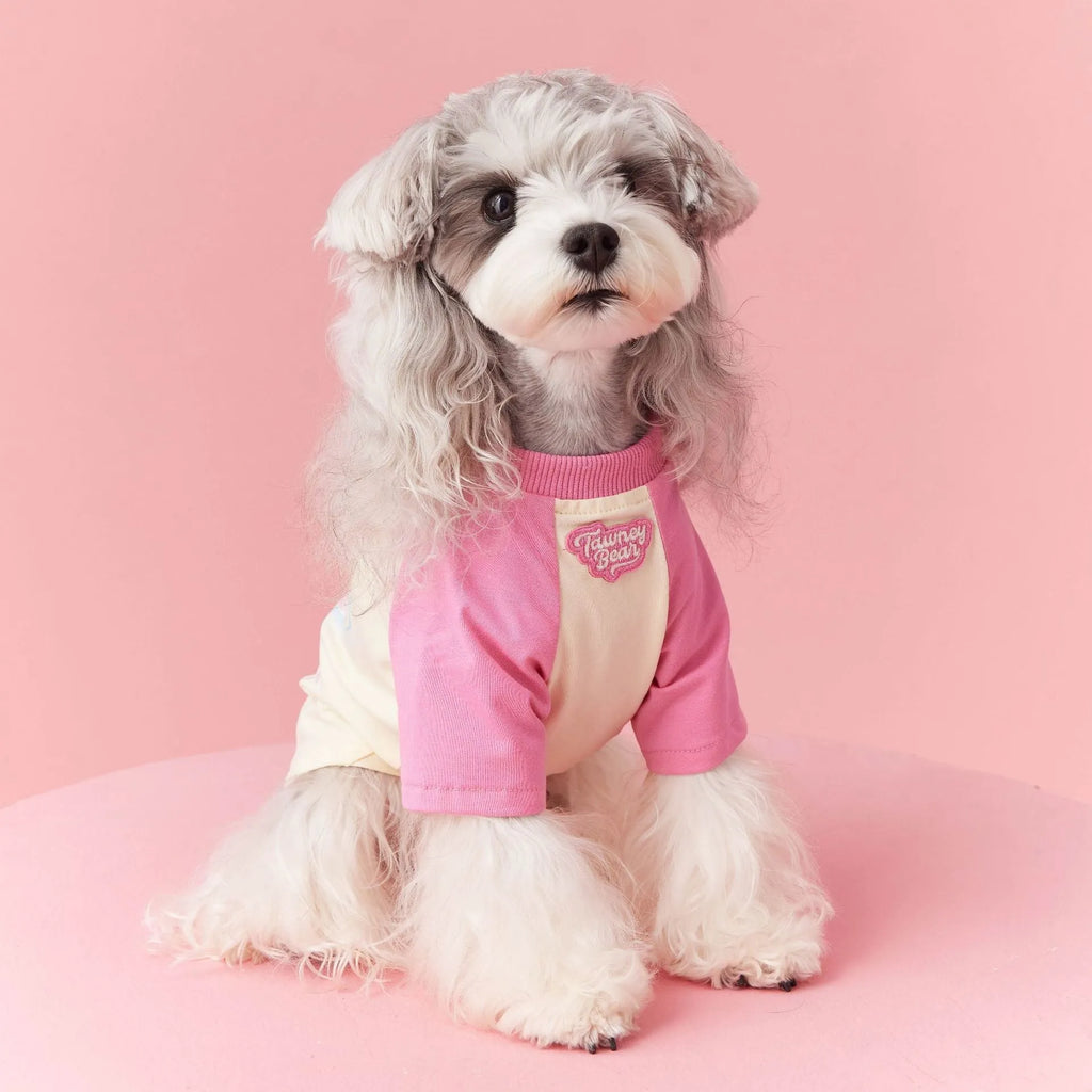 Cotton dog summer clothes in contrast colour design, available in embroidered red or pink, sizes XS to XXL