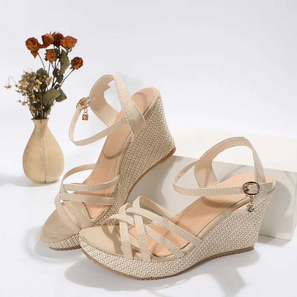 Women's wedge sandals with fish mouth toe opening and cloth upper in black colour